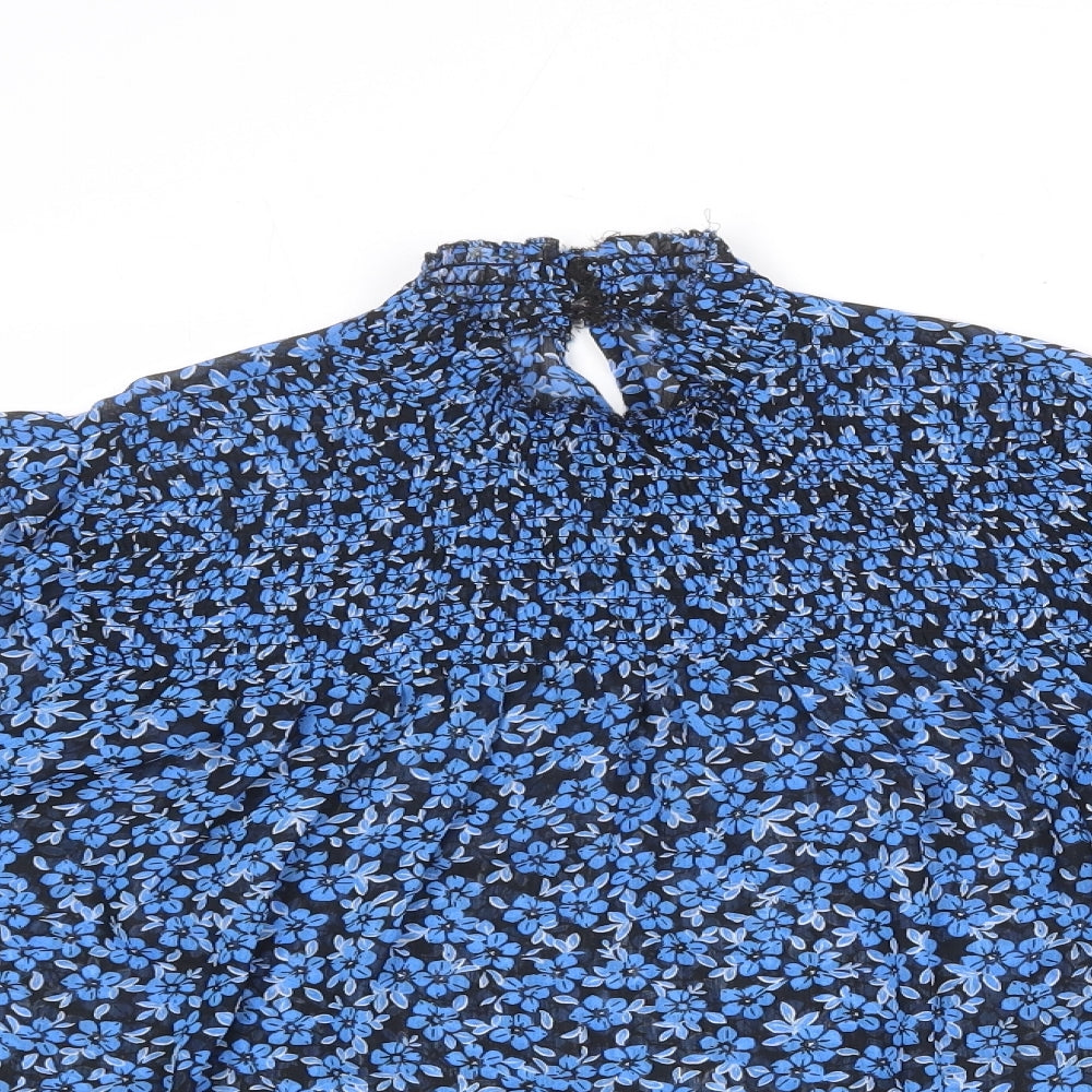 New Look Womens Blue Floral Polyester Basic Blouse Size 12 High Neck