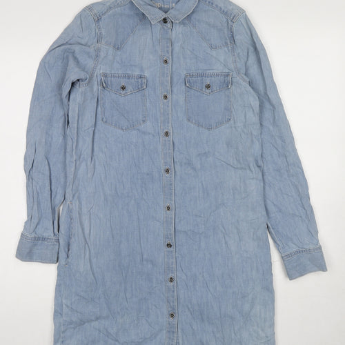 Gap Womens Blue Cotton Shirt Dress Size S Collared Zip