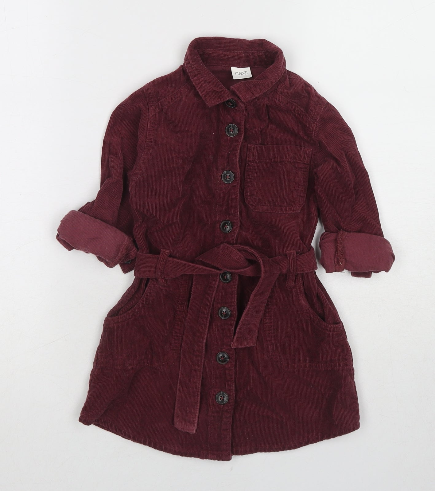 NEXT Girls Red Cotton Shirt Dress Size 4 Years Collared Button