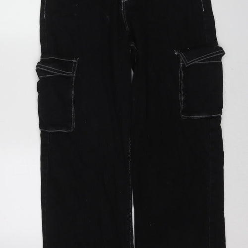 Bershka Womens Black Cotton Wide-Leg Jeans Size 14 L31 in Regular Zip - Cargo