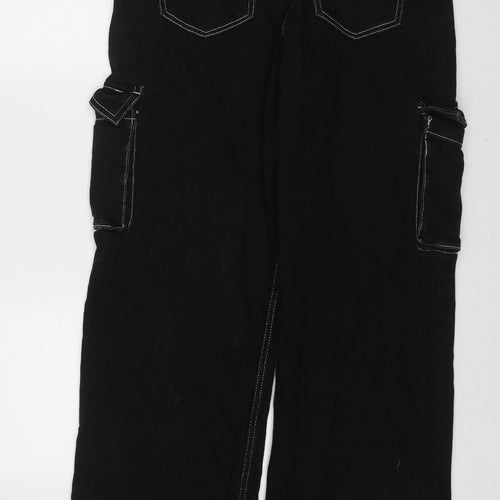 Bershka Womens Black Cotton Wide-Leg Jeans Size 14 L31 in Regular Zip - Cargo