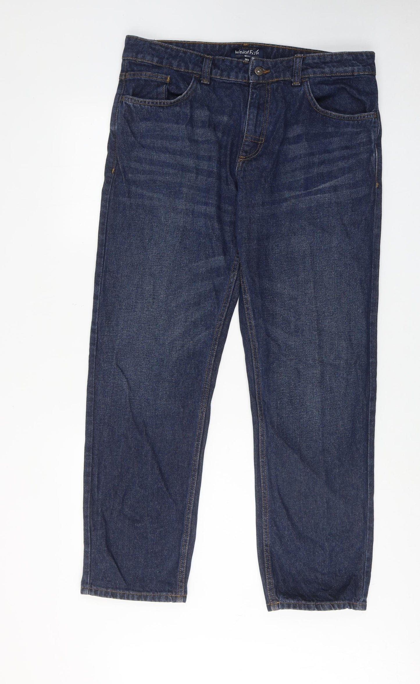 Weird Fish Mens Blue Cotton Straight Jeans Size 36 in L30 in Regular Zip