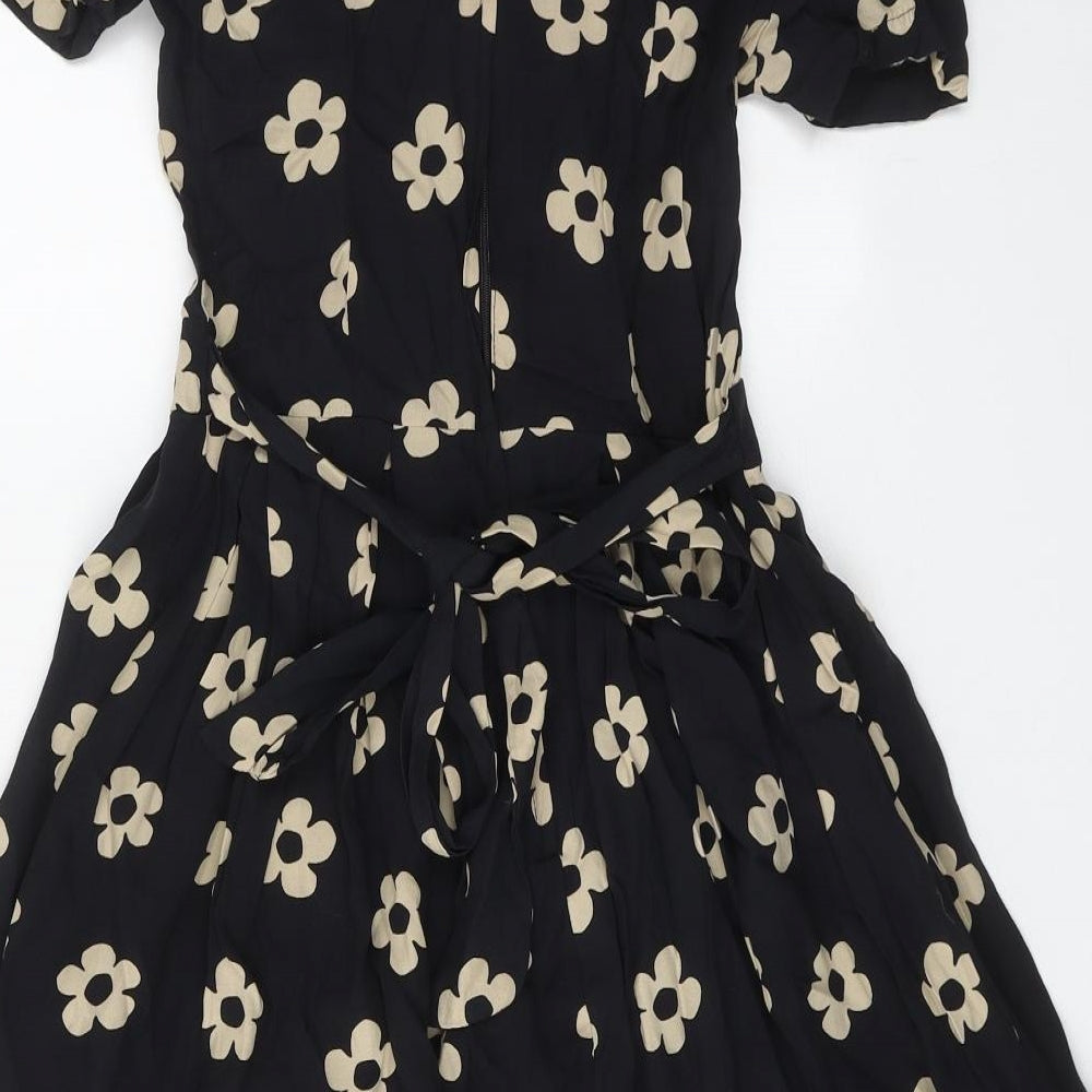 Dorothy Perkins Womens Black Floral Polyester A-Line Size 8 Round Neck Zip