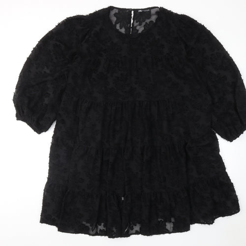 Zara Womens Black Geometric Polyester A-Line Size XL Round Neck Button