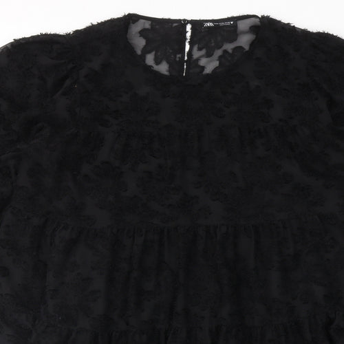 Zara Womens Black Geometric Polyester A-Line Size XL Round Neck Button