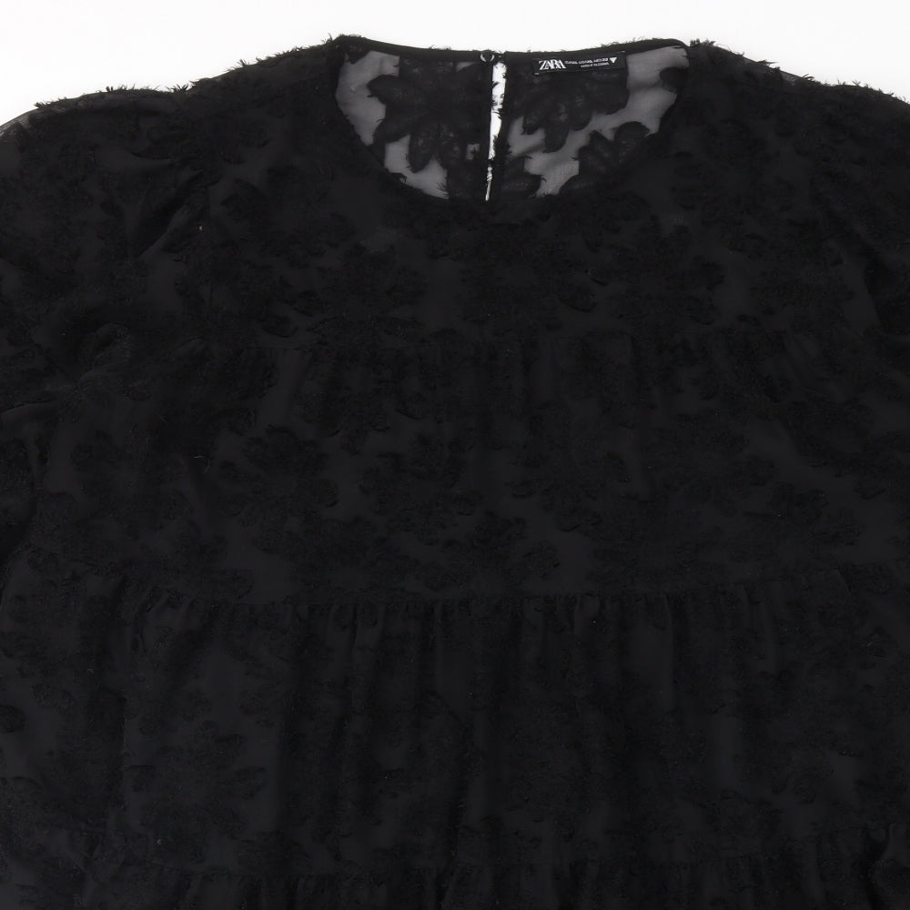 Zara Womens Black Geometric Polyester A-Line Size XL Round Neck Button