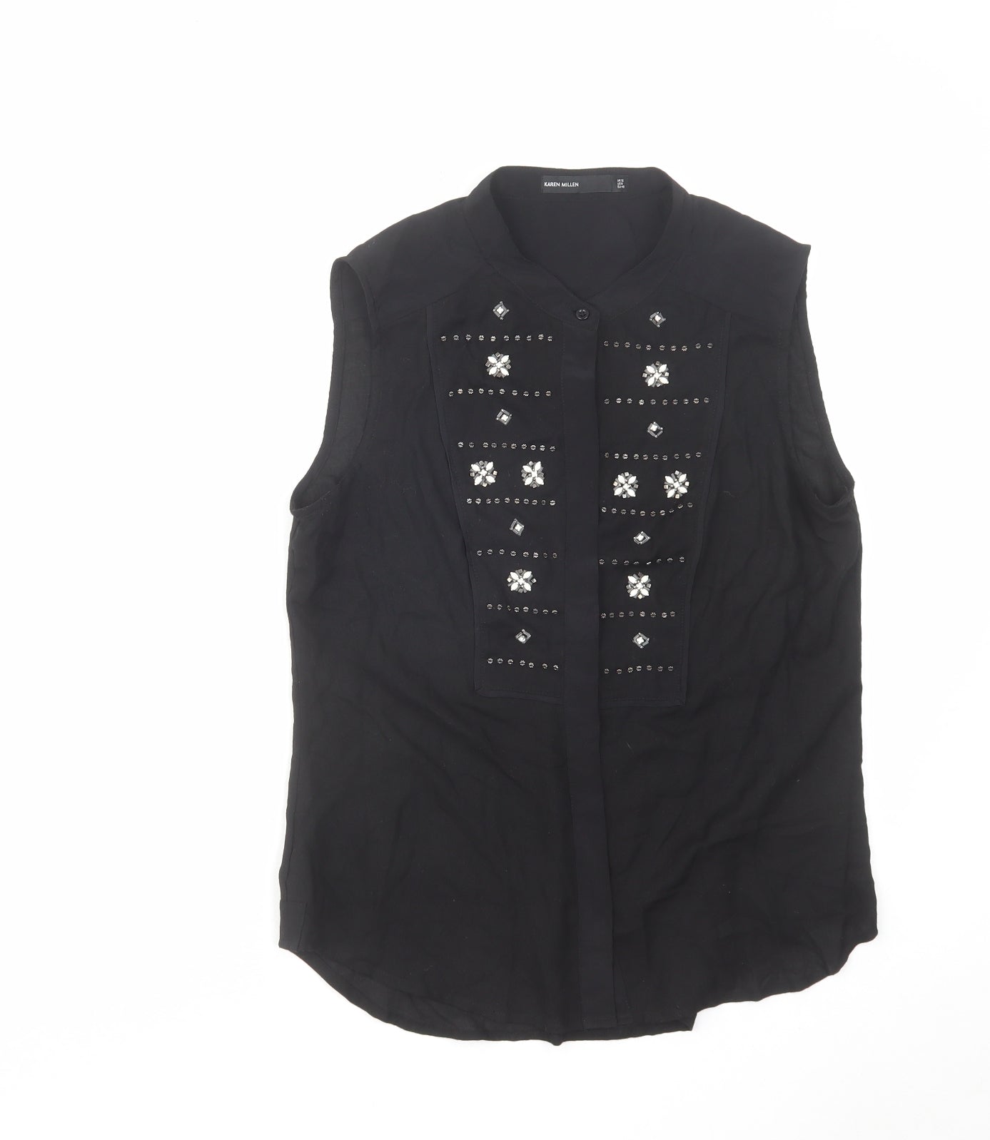 Karen Millen Womens Black Polyester Basic Button-Up Size 12 Round Neck - Embellished
