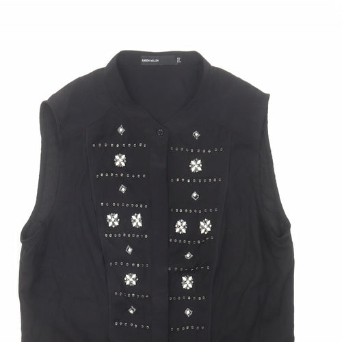 Karen Millen Womens Black Polyester Basic Button-Up Size 12 Round Neck - Embellished
