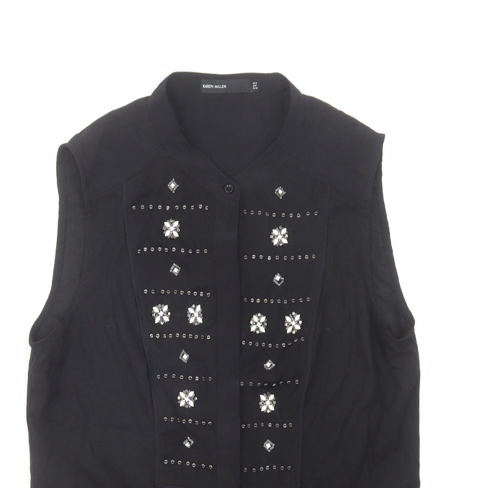 Karen Millen Womens Black Polyester Basic Button-Up Size 12 Round Neck - Embellished