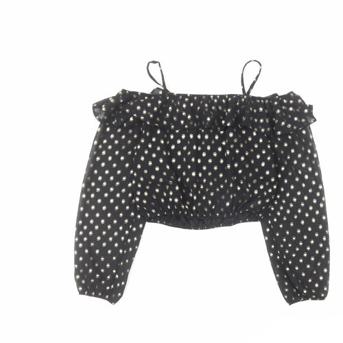 M&Co Girls Black Geometric Polyester Cropped Blouse Size 13 Years Square Neck Pullover