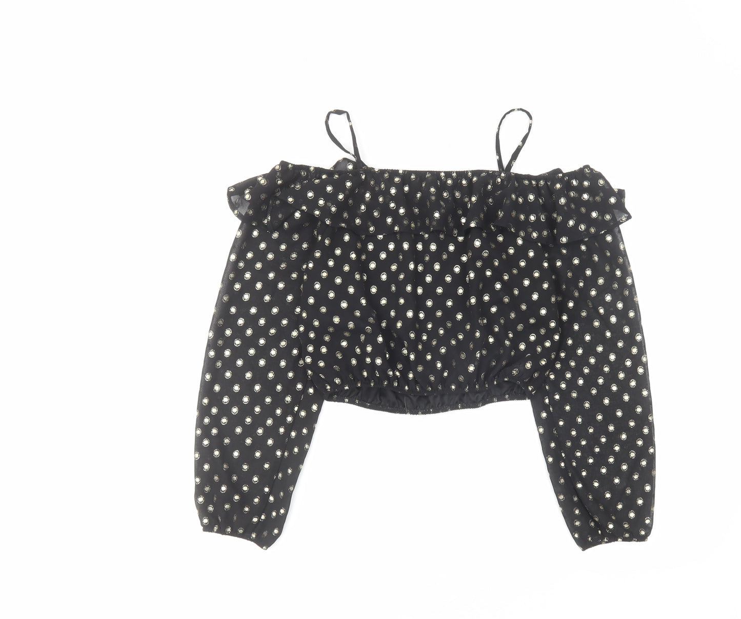 M&Co Girls Black Geometric Polyester Cropped Blouse Size 13 Years Square Neck Pullover