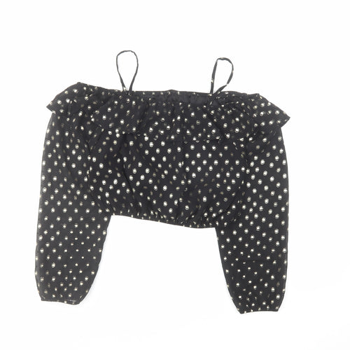 M&Co Girls Black Geometric Polyester Cropped Blouse Size 13 Years Square Neck Pullover