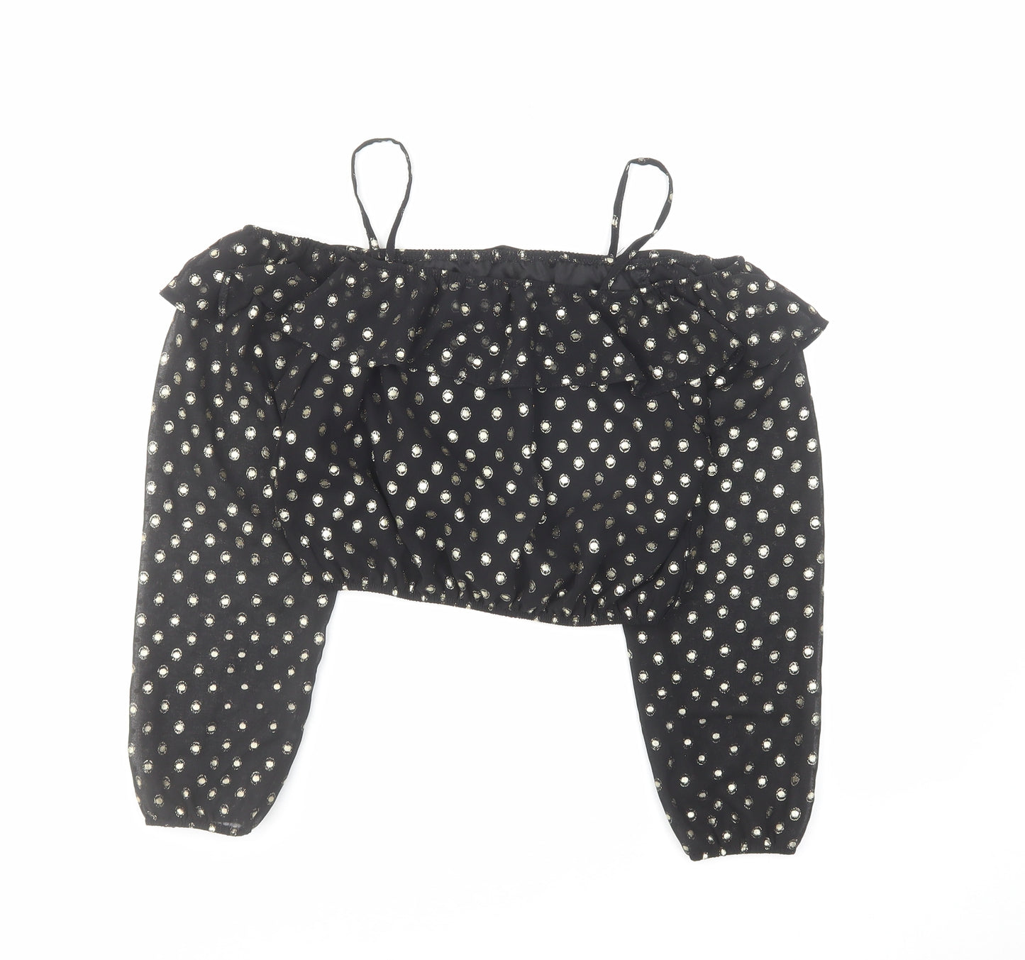 M&Co Girls Black Geometric Polyester Cropped Blouse Size 13 Years Square Neck Pullover