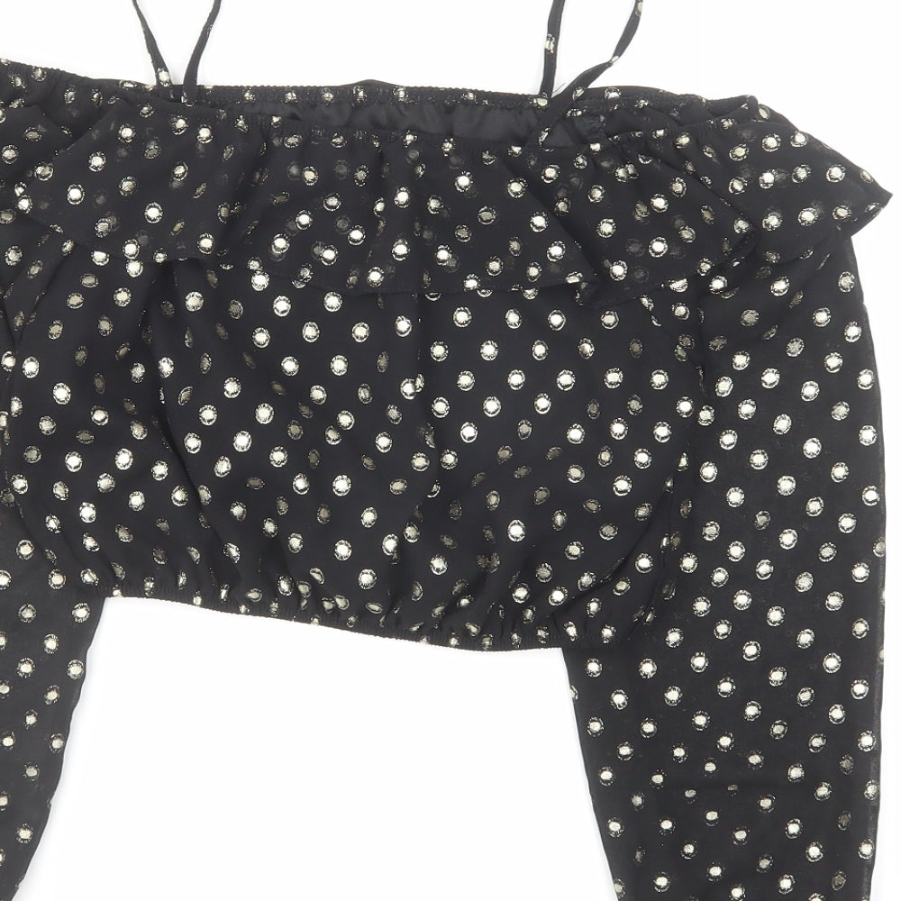 M&Co Girls Black Geometric Polyester Cropped Blouse Size 13 Years Square Neck Pullover