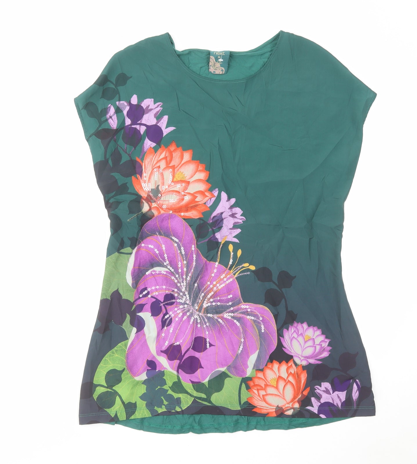 NEXT Womens Green Floral Polyester Basic Blouse Size 16 Round Neck