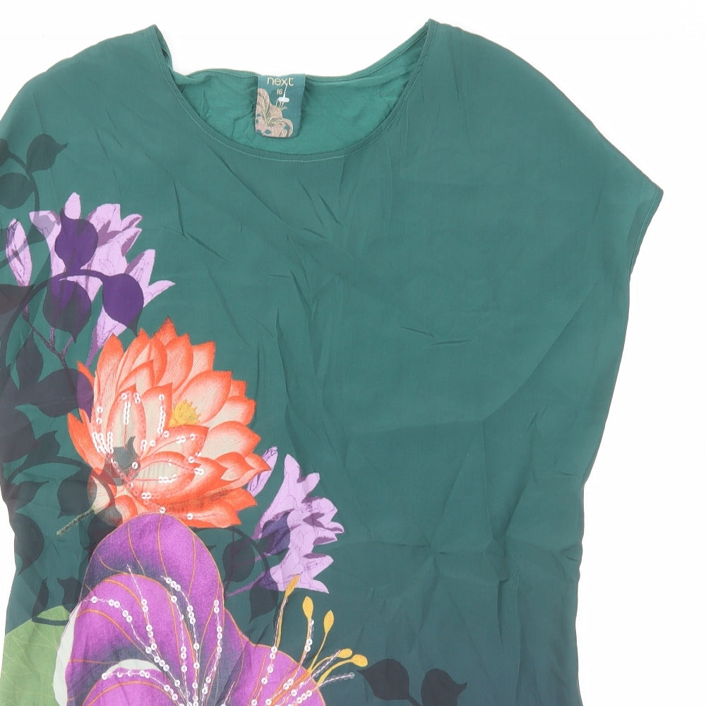 NEXT Womens Green Floral Polyester Basic Blouse Size 16 Round Neck
