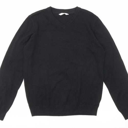 Marks and Spencer Girls Black V-Neck Cotton Pullover Jumper Size 12-13 Years Pullover