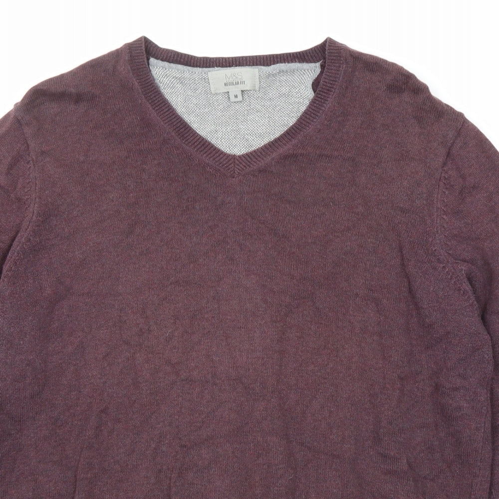 Marks and Spencer Mens Purple V-Neck Cotton Pullover Jumper Size M Long Sleeve