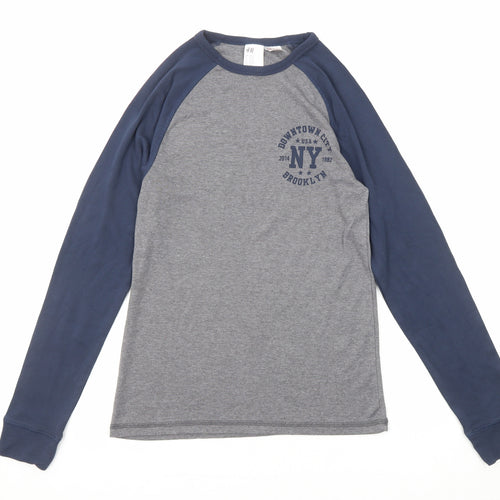 H&M Boys Grey Polyester Basic T-Shirt Size 13-14 Years Round Neck Pullover - NY Brooklyn