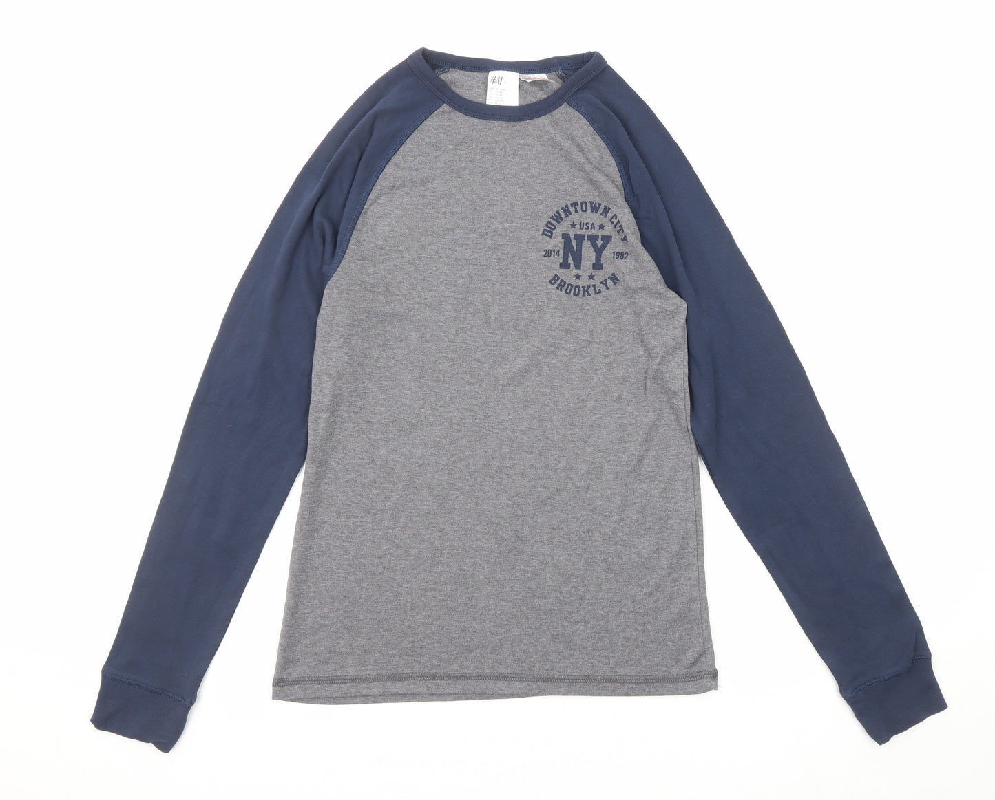 H&M Boys Grey Polyester Basic T-Shirt Size 13-14 Years Round Neck Pullover - NY Brooklyn