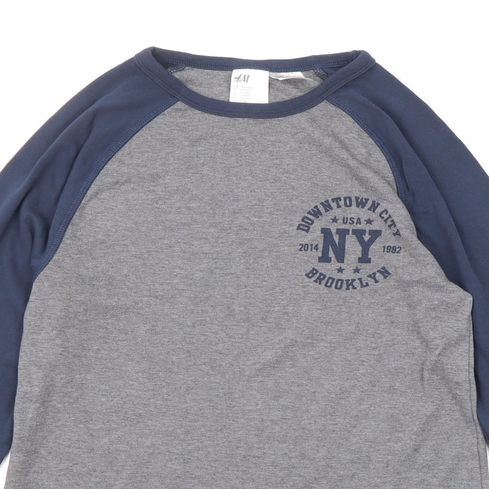 H&M Boys Grey Polyester Basic T-Shirt Size 13-14 Years Round Neck Pullover - NY Brooklyn