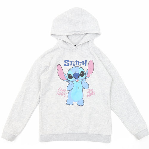 Disney Girls Grey Cotton Pullover Hoodie Size 10-11 Years Pullover - Stitch