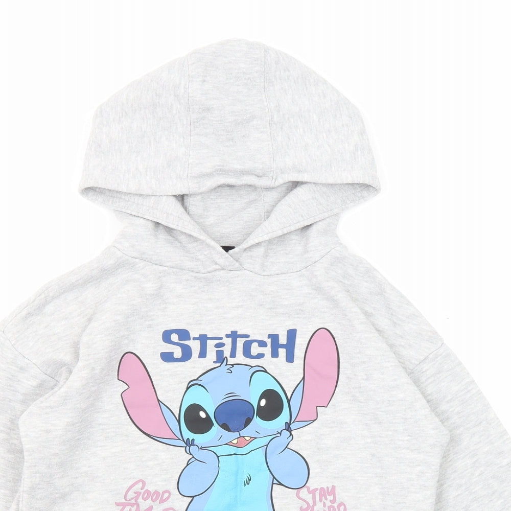 Disney Girls Grey Cotton Pullover Hoodie Size 10-11 Years Pullover - Stitch