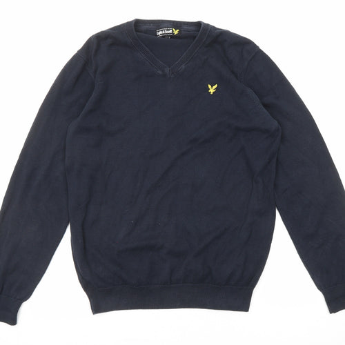 Lyle & Scott Mens Blue V-Neck Cotton Pullover Jumper Size S Long Sleeve