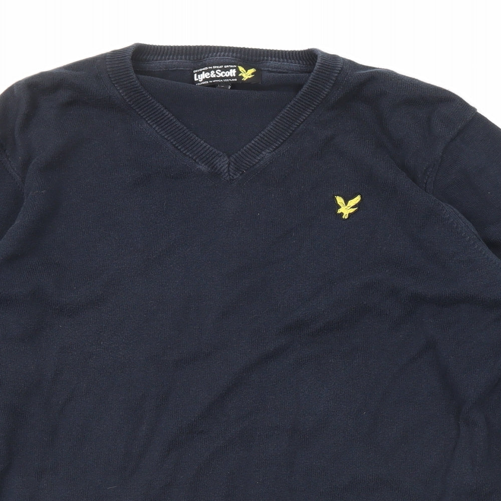Lyle & Scott Mens Blue V-Neck Cotton Pullover Jumper Size S Long Sleeve