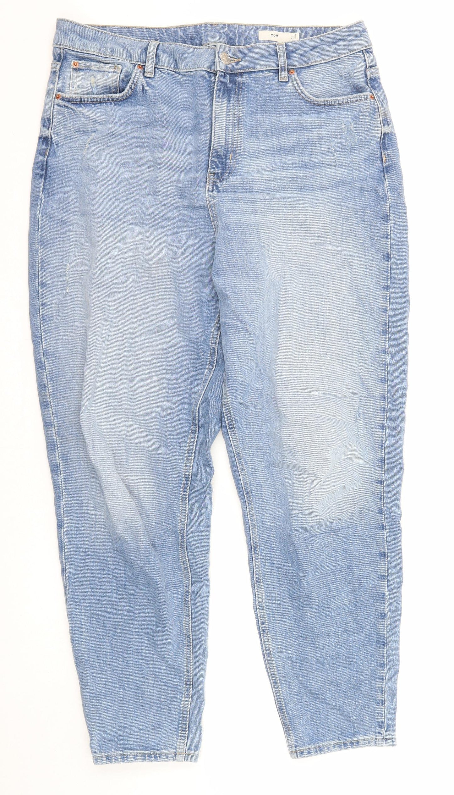 Marks and Spencer Womens Blue Cotton Mom Jeans Size 16 L29 in Regular Zip