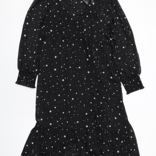 New Look Womens Black Geometric Polyester Shirt Dress Size 16 V-Neck Pullover - Star Print