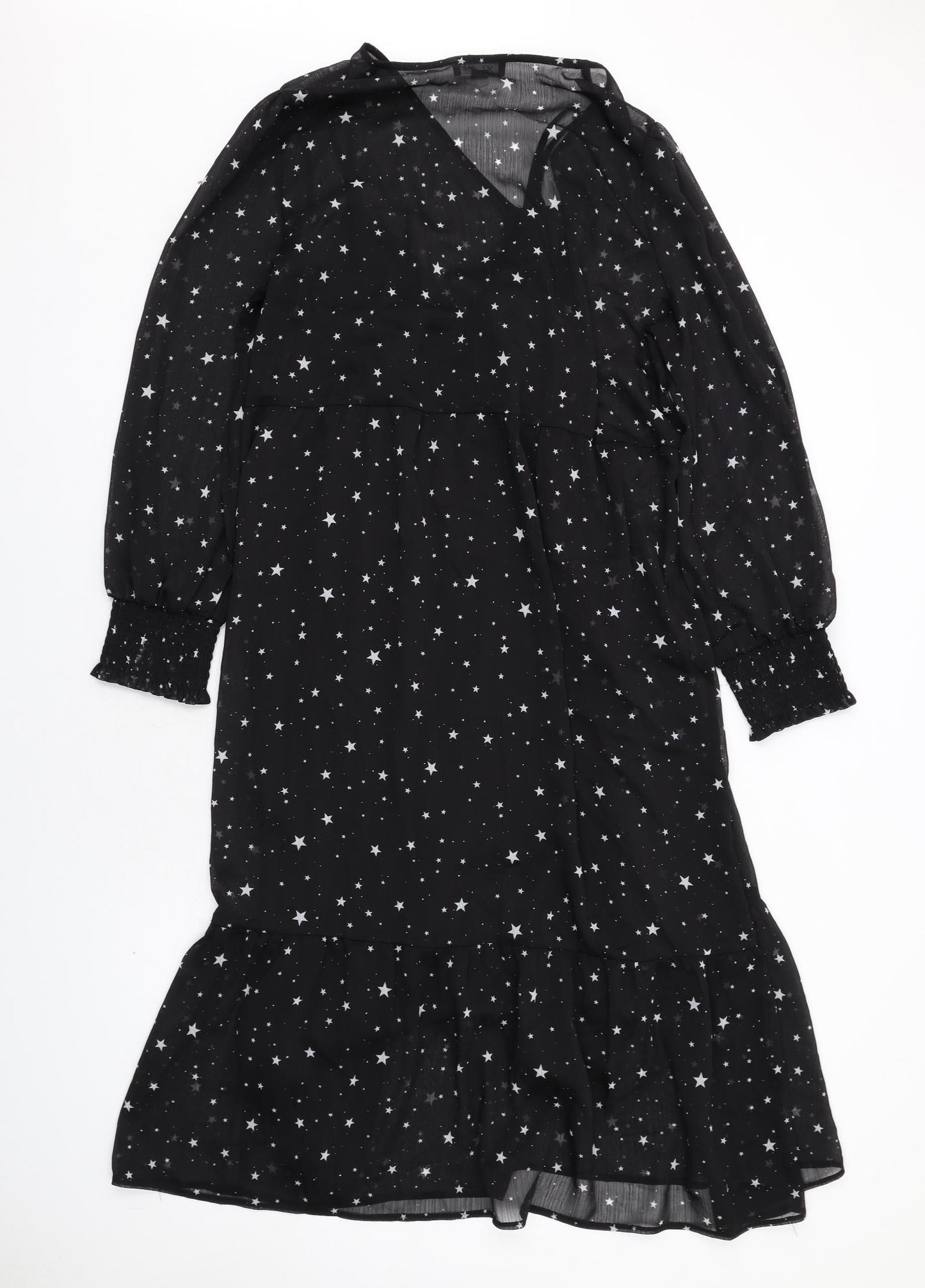 New Look Womens Black Geometric Polyester Shirt Dress Size 16 V-Neck Pullover - Star Print