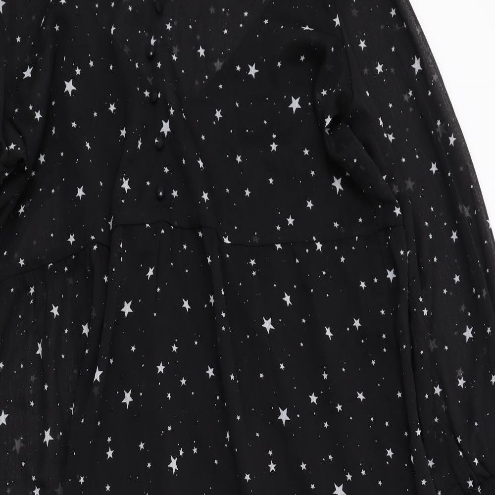 New Look Womens Black Geometric Polyester Shirt Dress Size 16 V-Neck Pullover - Star Print