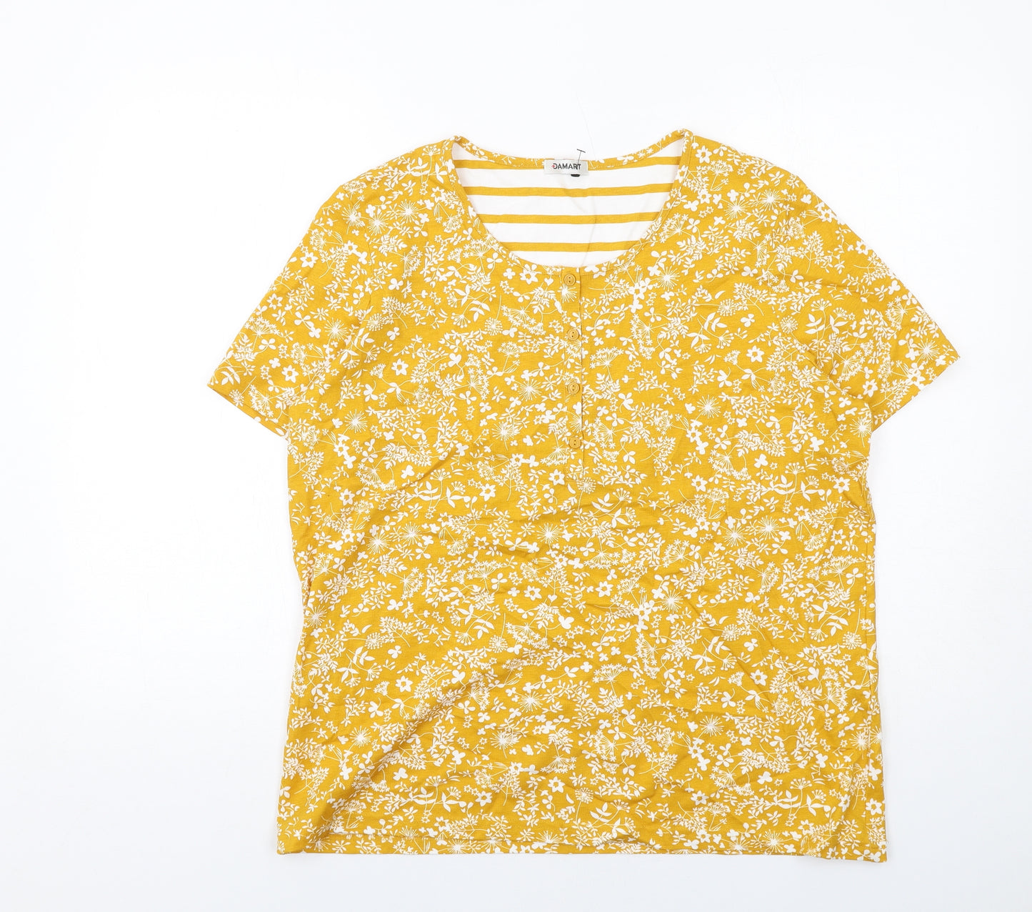 Damart Womens Yellow Floral Cotton Basic T-Shirt Size 18 Round Neck