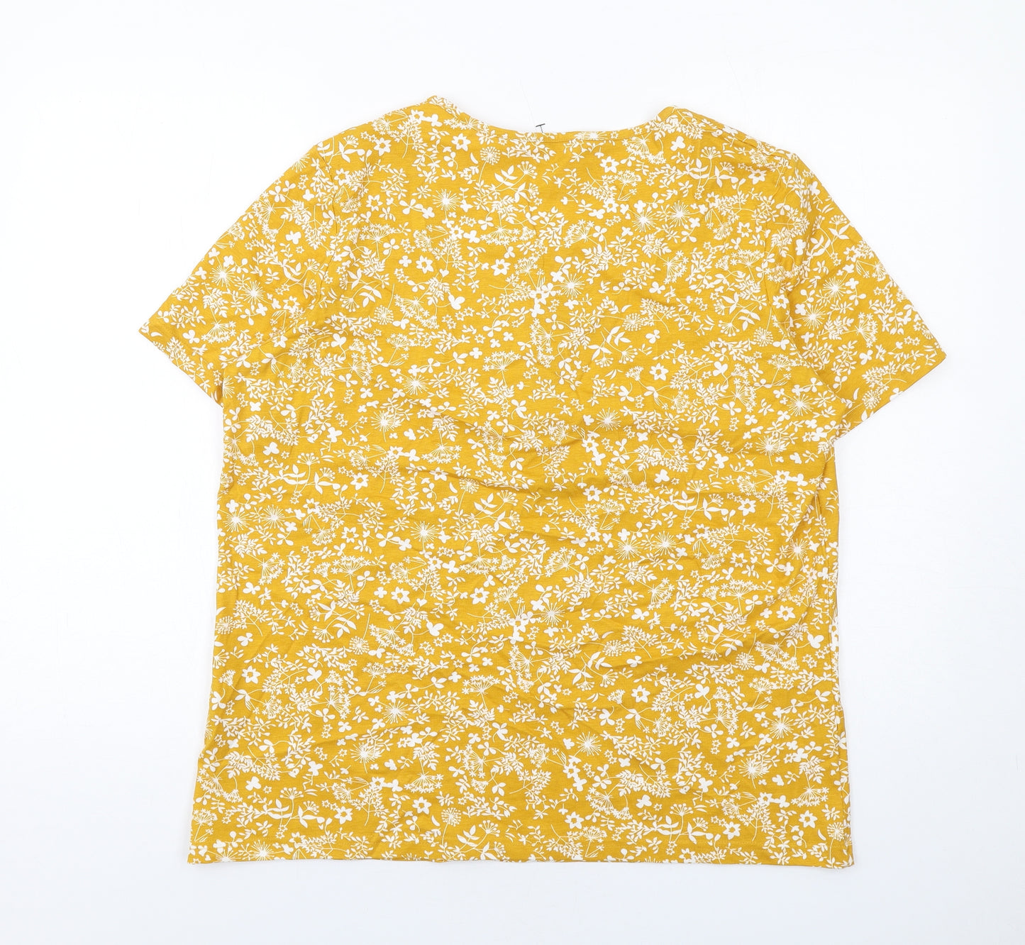 Damart Womens Yellow Floral Cotton Basic T-Shirt Size 18 Round Neck