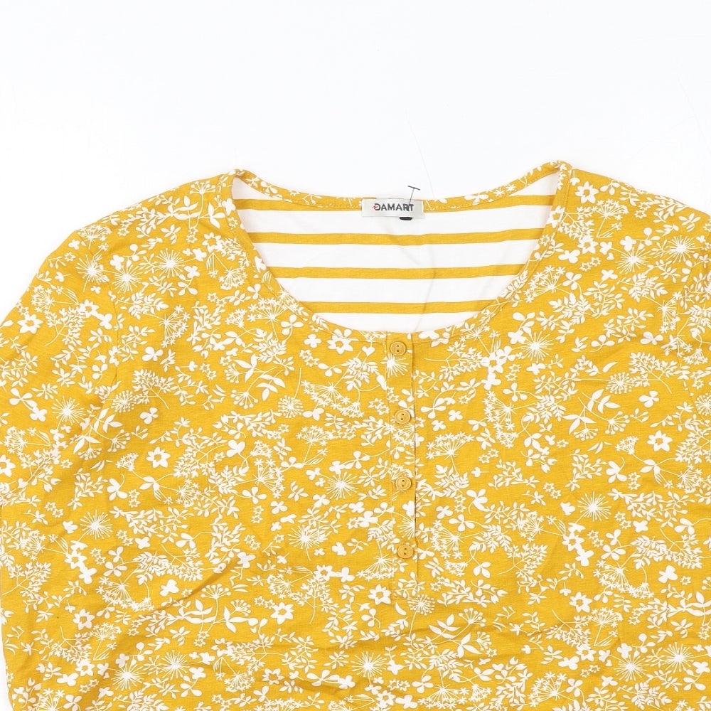 Damart Womens Yellow Floral Cotton Basic T-Shirt Size 18 Round Neck
