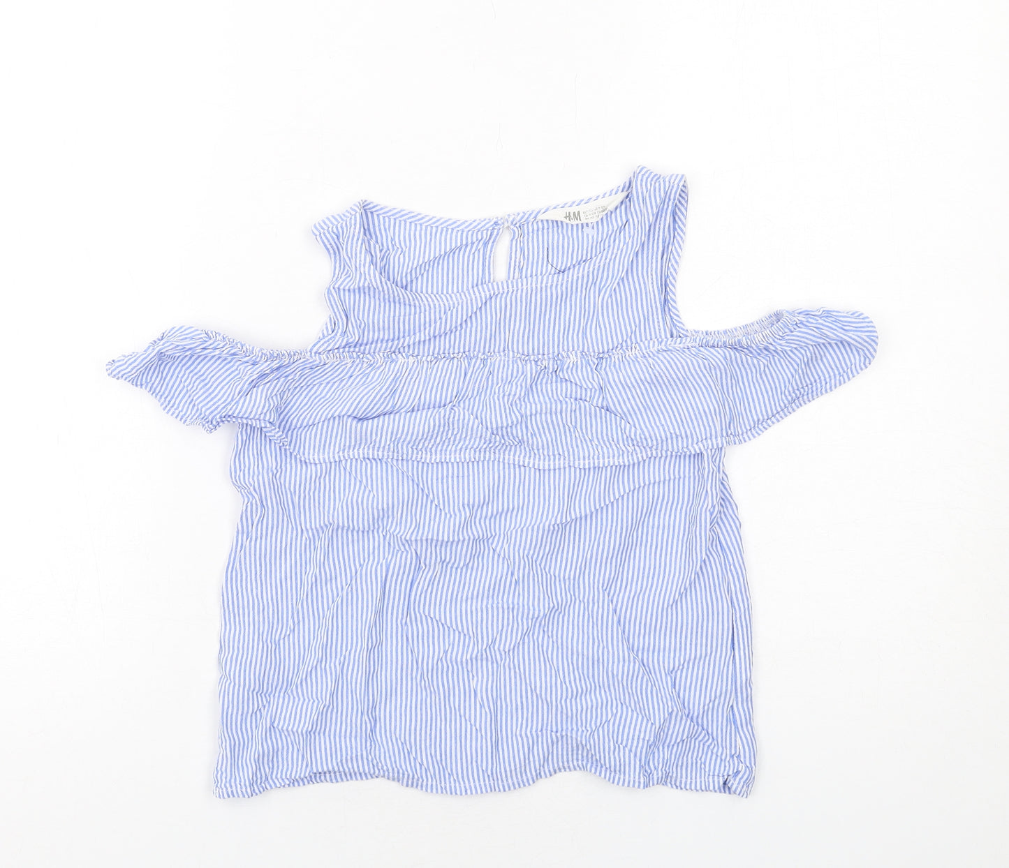 H&M Girls Blue Striped Viscose Basic Tank Size 11-12 Years Round Neck Button - Cold Shoulder