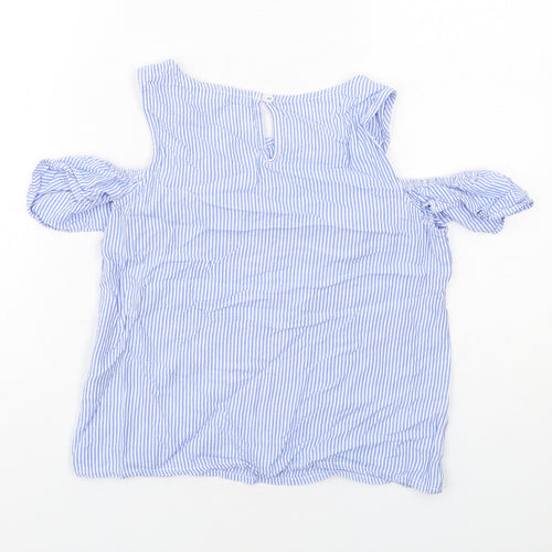 H&M Girls Blue Striped Viscose Basic Tank Size 11-12 Years Round Neck Button - Cold Shoulder