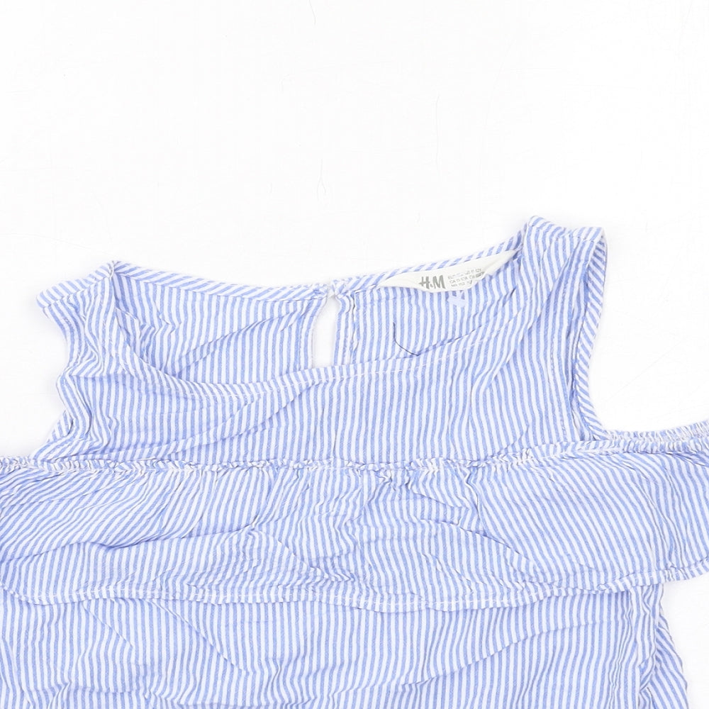 H&M Girls Blue Striped Viscose Basic Tank Size 11-12 Years Round Neck Button - Cold Shoulder