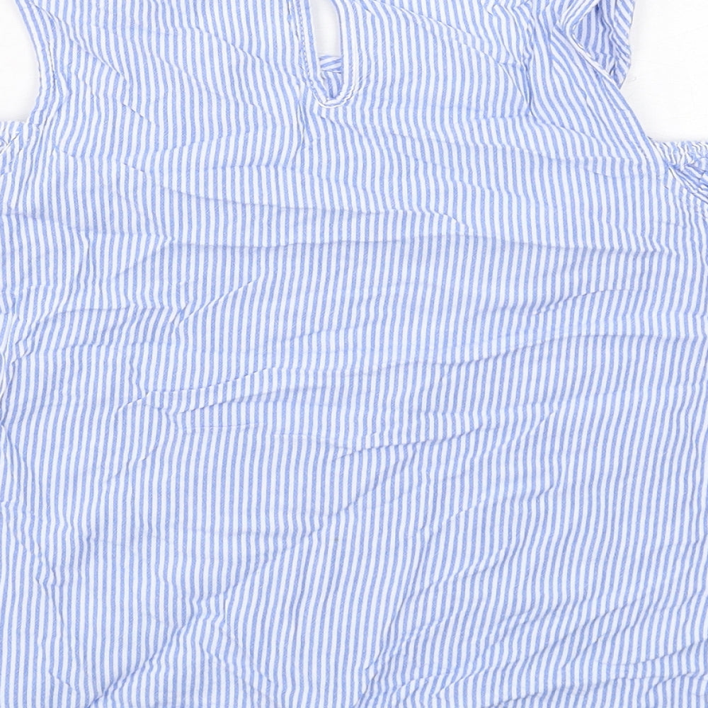 H&M Girls Blue Striped Viscose Basic Tank Size 11-12 Years Round Neck Button - Cold Shoulder