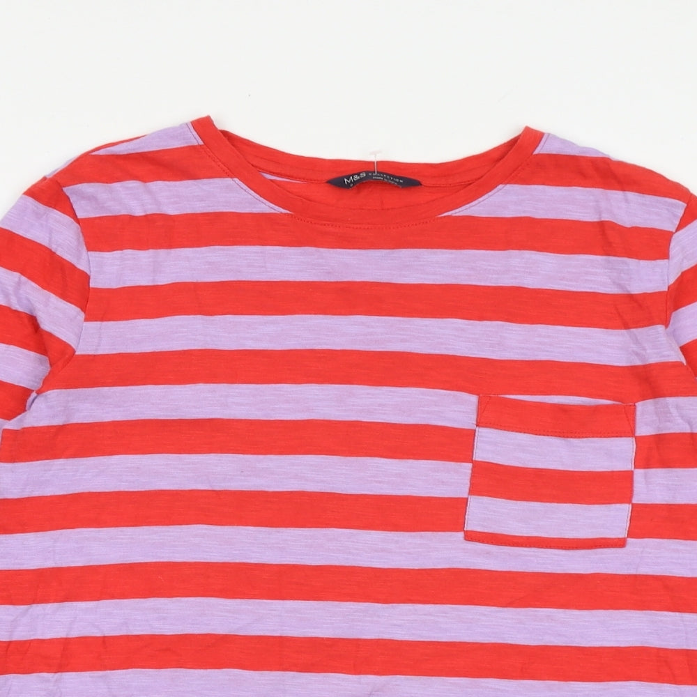 Marks and Spencer Womens Multicoloured Striped 100% Cotton Basic T-Shirt Size 8 Round Neck