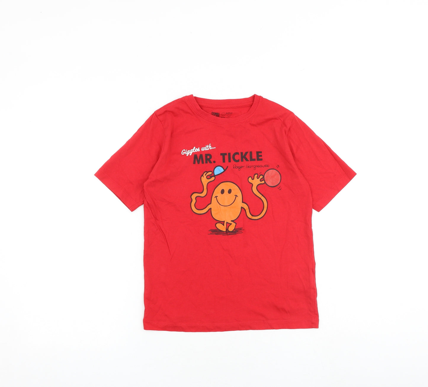Mr. Men Boys Red 100% Cotton Pullover T-Shirt Size 9-10 Years Round Neck Pullover - Mr. Tickle