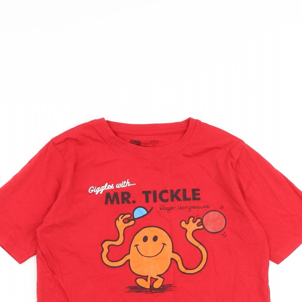 Mr. Men Boys Red 100% Cotton Pullover T-Shirt Size 9-10 Years Round Neck Pullover - Mr. Tickle