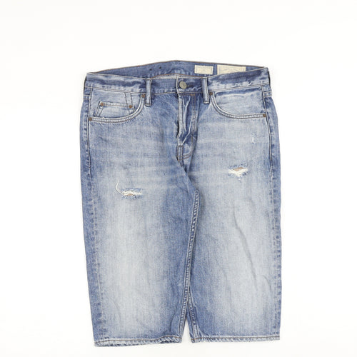AllSaints Mens Blue Cotton Biker Shorts Size 32 in L15 in Regular Button