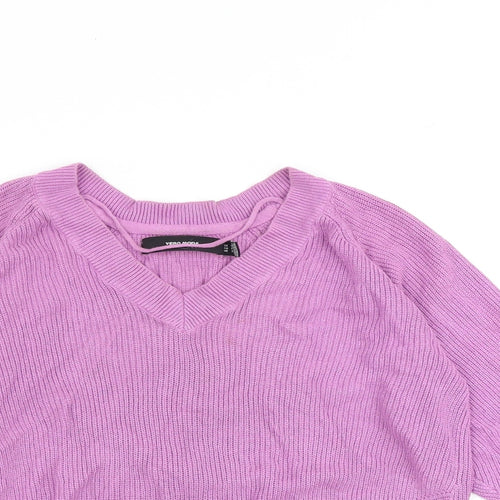 VERO MODA Womens Pink V-Neck Acrylic Pullover Jumper Size S