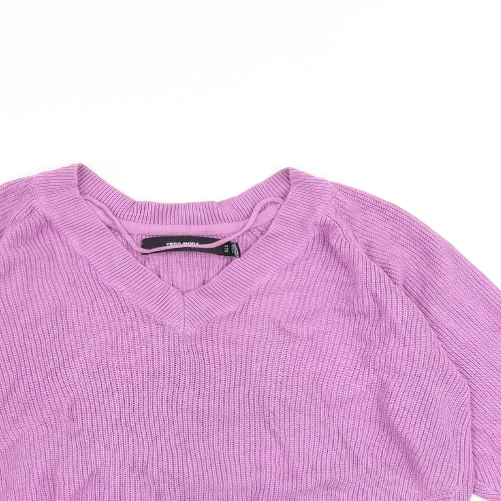 VERO MODA Womens Pink V-Neck Acrylic Pullover Jumper Size S