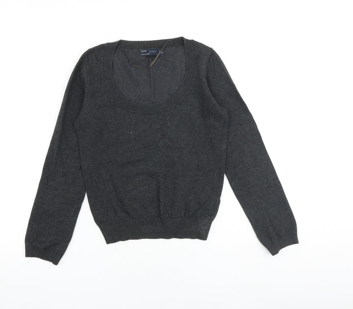 Zara Womens Grey Scoop Neck Cotton Pullover Jumper Size S