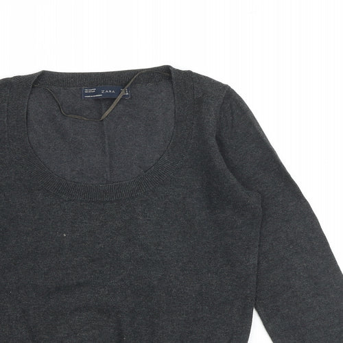 Zara Womens Grey Scoop Neck Cotton Pullover Jumper Size S