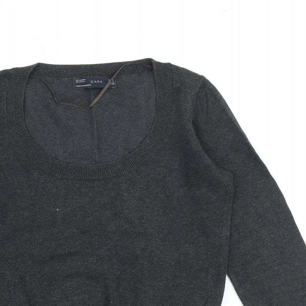Zara Womens Grey Scoop Neck Cotton Pullover Jumper Size S