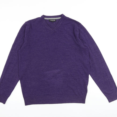 Debenhams Mens Purple V-Neck Acrylic Pullover Jumper Size M Long Sleeve